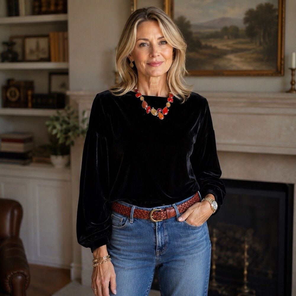 Eileen Fisher Blouse Black Velvet Round Neck Long Sleeve Top Minimalist Capsule